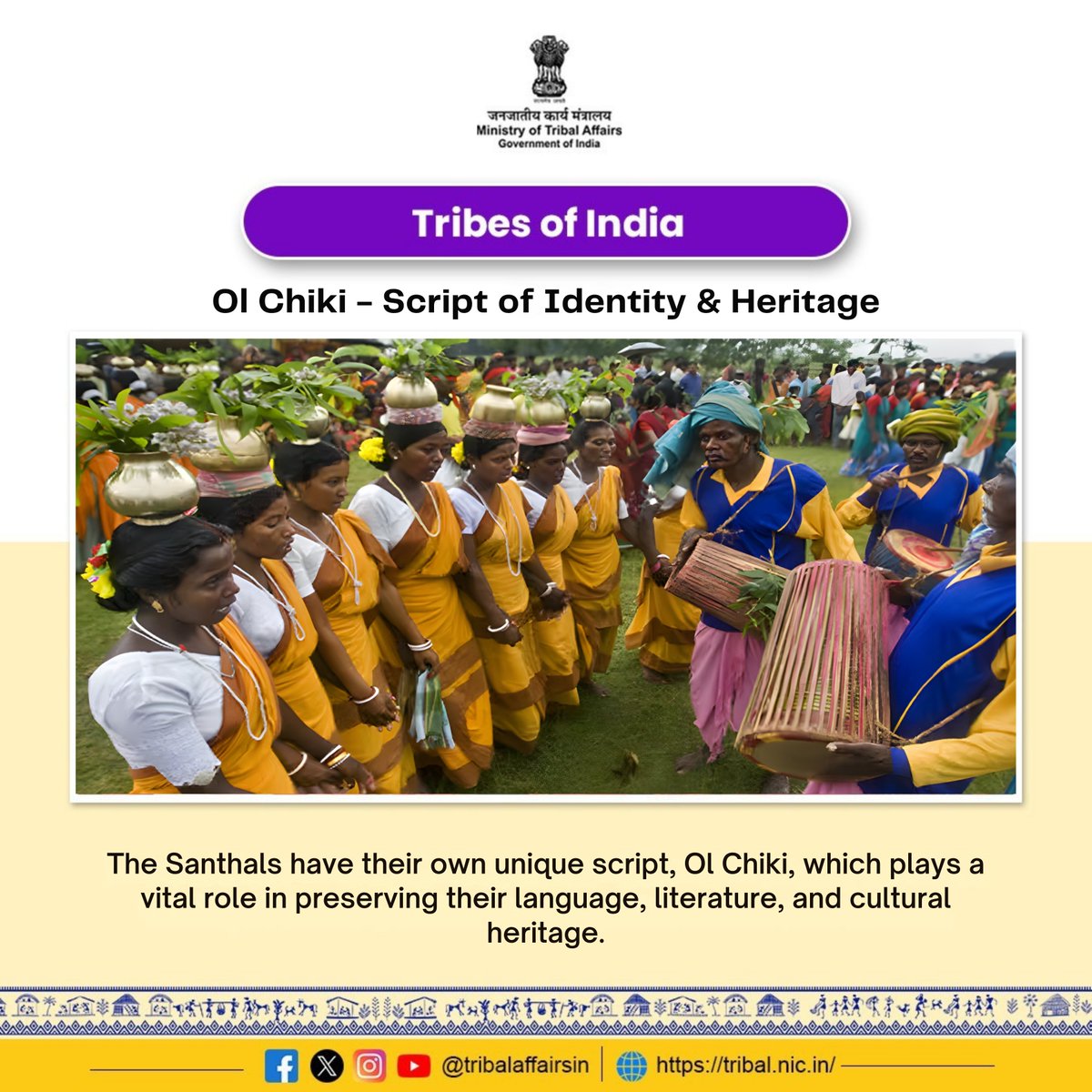 TribalAffairsIn's tweet image. The Santhal community represents a rich and vibrant cultural tradition spread across Jharkhand, Odisha, Bihar and West Bengal. The Ol Chiki script preserves Santhali language, literature and knowledge while traditional dance forms express history, courage and a deep connection…