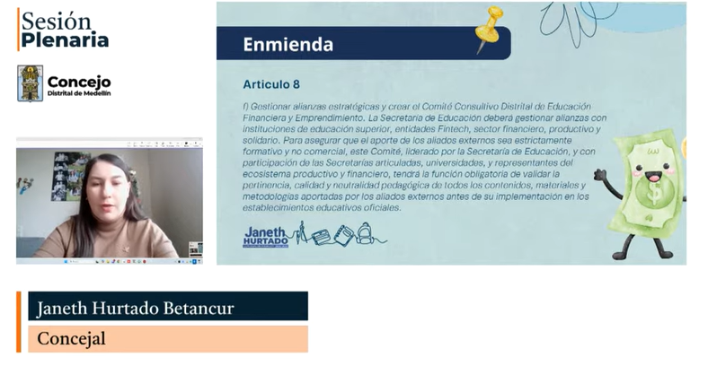 Durante la #PlenariaCM la concejala <a href="/Janeth_HB/">JANETH HURTADO B</a>  afirmó que el Proyecto de Acuerdo sobre educación financiera representa una oportunidad clave para avanzar en la equidad social y económica de la ciudad.

“Este proyecto de acuerdo nos debe emocionar muchísimo. La educación