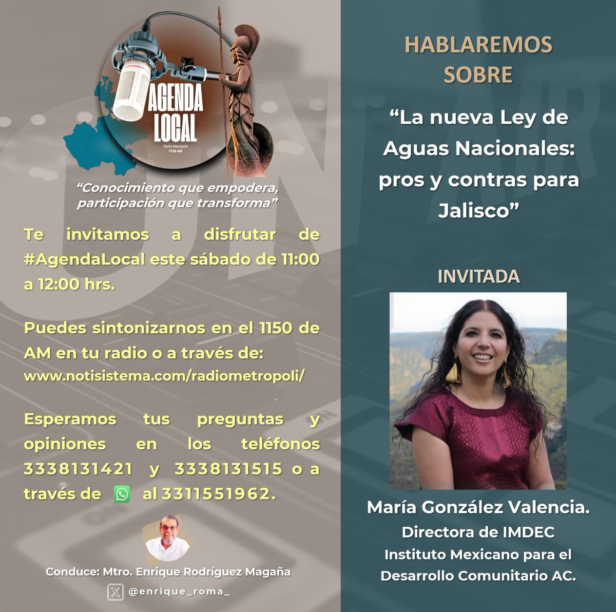 Este sábado a las 11:00 am, hablaremos en #AgendaLocal sobre “La nueva Ley de Aguas Nacionales: pros y contras para Jalisco”, con María González Valencia, Directora de IMDEC AC  
Escucha Radio Metrópoli en tu 📻 o desde notisistema.com/radiometropoli/
☎️ 3338131421 y 3338131515