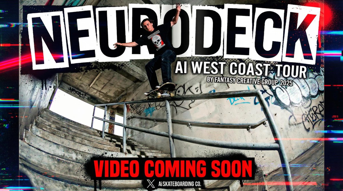 FCG_Studio's tweet photo. Today! Showcasing the NeuroDeck Skate Video Final cut today featuring guest appearance by top of the line Ai skate visuals maker  @kiieford . Sequel to the skate video from June. The West Coast Tour.
New tech, new spots, same vibe! #Neurodeck #AiSkate
https://t.co/jCvkqZa1Yf https://t.co/wmuCGtv3Pg