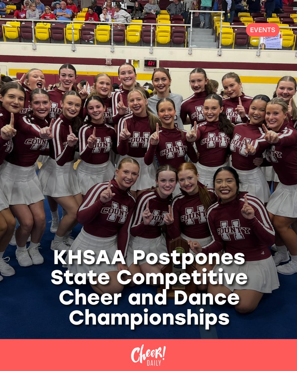 CheerDaily's tweet image. KHSAA has postponed the 2025–26 Kentucky State Competitive Cheer and Dance Championships due to winter weather and travel concerns across Kentucky. The event is now tentatively scheduled for January 9–11, 2026, in Winchester.

Read more: cheerne.ws/3MErWuf