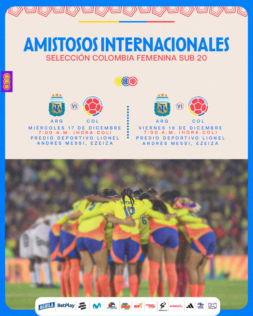 FCFSeleccionCol's tweet image. 🗓️ 𝗖𝗮𝗺𝗯𝗶𝗼 𝗱𝗲 𝗵𝗼𝗿𝗮𝗿𝗶𝗼: 𝗖𝗼𝗹𝗼𝗺𝗯𝗶𝗮 𝘃𝘀. 𝗔𝗿𝗴𝗲𝗻𝘁𝗶𝗻𝗮, 𝗔𝗺𝗶𝘀𝘁𝗼𝘀𝗼 𝗶𝗻𝘁𝗲𝗿𝗻𝗮𝗰𝗶𝗼𝗻𝗮𝗹✌️

Nuestra Selección Colombia Femenina Sub 20 disputará dos partidos amistosos 🆚🇦🇷 en Ezeiza 

🔗bit.ly/4iVjliN

#LaSeleNosUne🇨🇴