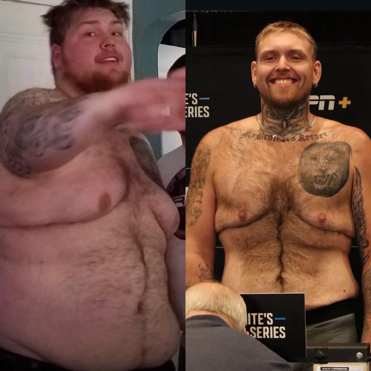a before and after pic of Steven Asplund, who weighed 525lbs and managed to lose over 250lbs and started his journey as an MMA fighter, he makes his UFC debut tonight

win or lose, HUGE W for him 💪