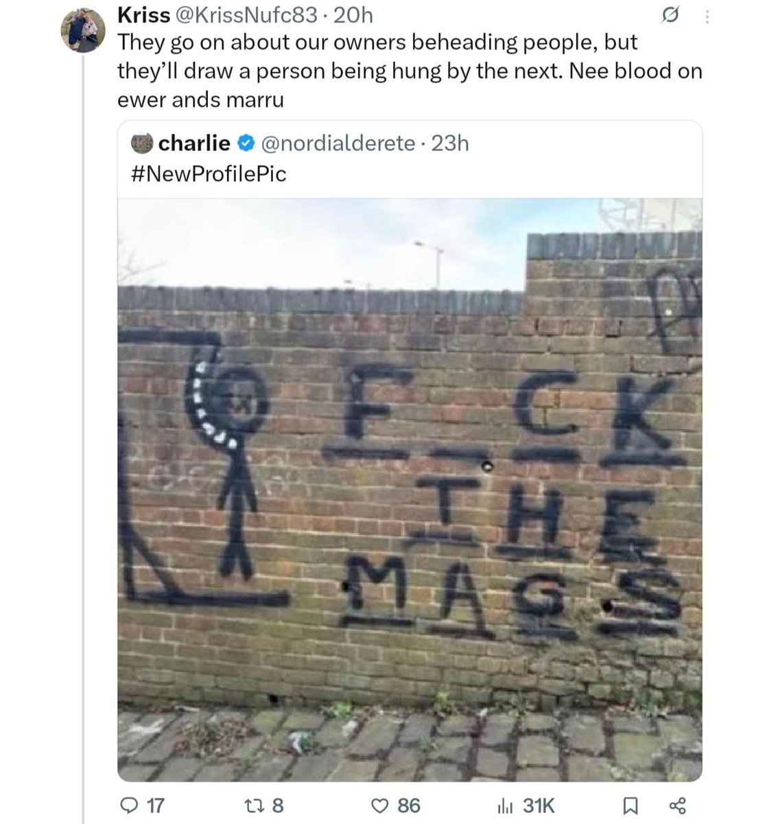 Hung By The Next 🤣😂🤣😂🤣😂🤣😂  Thick as Pigs Shit. The Retarded Bastards can't even put a sentence together 🤣😂🤣😂 ❤️🤍❤️🤍❤️🤍
#SAFC
#NUFC 💩