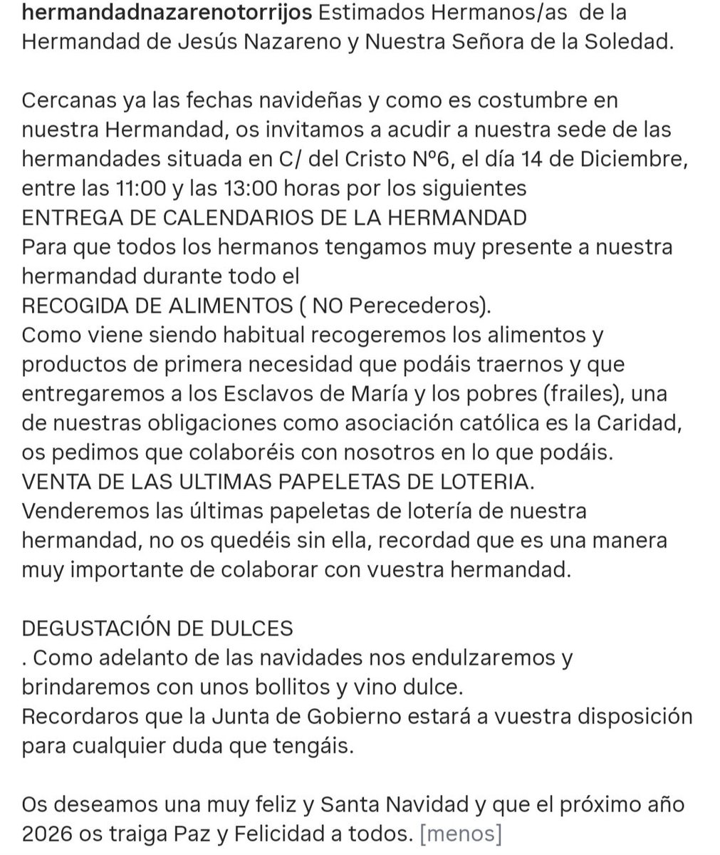 Os esperamos a todos nuestros hermanos nazarenos allí.

⌚️ Hora: 11:00H a 13:00H
🗓 Día: 14/12/2025
📍 Lugar: C/ Cristo, n°6 en la sede de las hermandades.