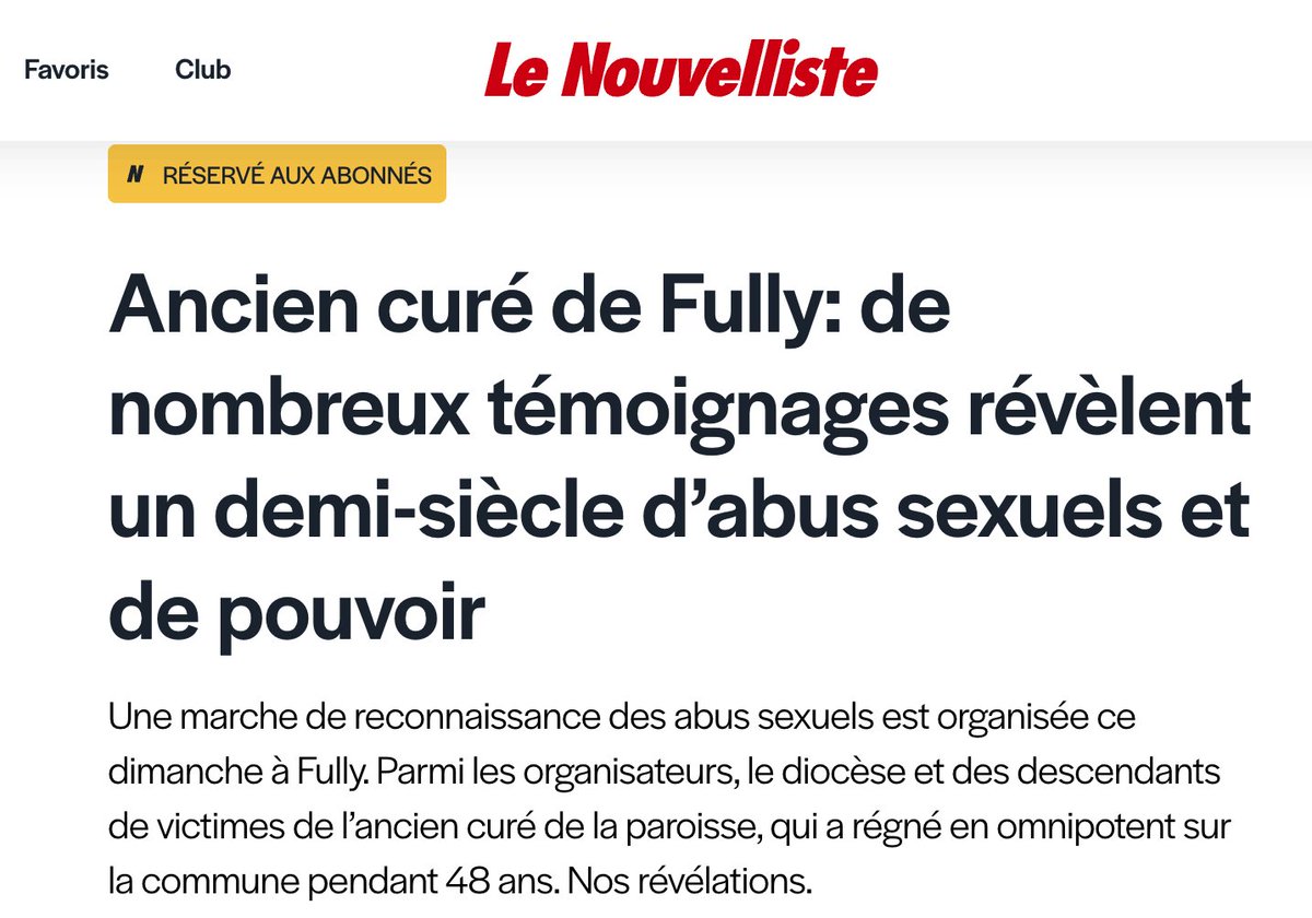 🇨🇭 Les médias romands dans leur ensemble - ici <a href="/lenouvelliste/">Le Nouvelliste</a> qui révèle une nouvelle affaire édifiante en Valais - font depuis plusieurs années un travail remarquable pour que ces histoires dramatiques d'abus sexuels soient enfin sues, et racontées. 

Admiratif.