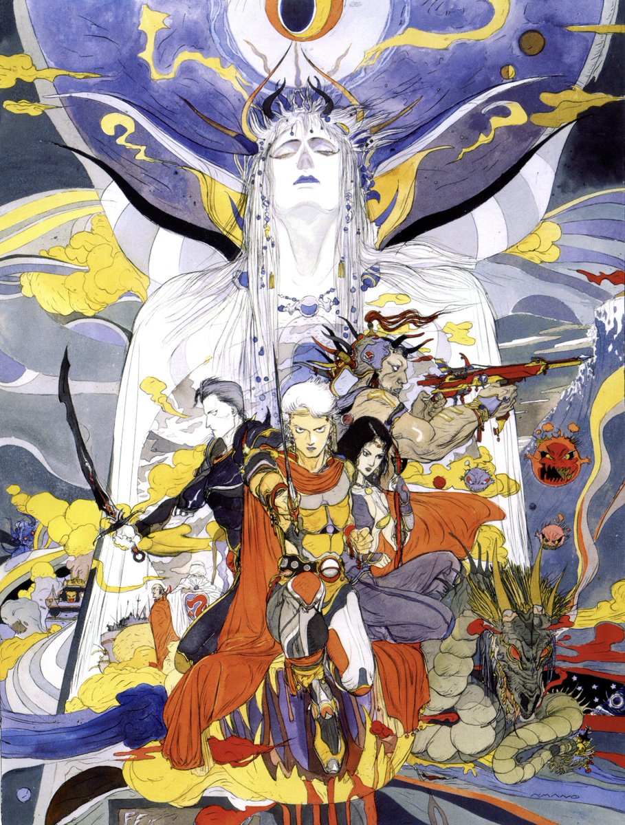 shmupdb's tweet image. Final Fantasy II (1988) by Square for Nintendo Famicom. Key art by Yoshitaka Amano.