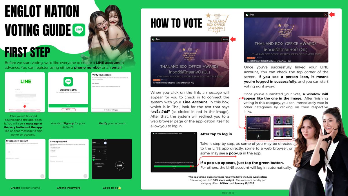 VOTING  GUIDE  FOR  INTER  FANS
Thailand Box Office Awards 2025  
#EngfaWaraha #CharlotteAustin  
#englot #อิงล็อต  
#ThailandBoxOfficeAwards2025  

Free voting on LINE
 (counts for 30% of the score)  
Vote once per day per category  
From today until January 15, 2026

📍LINK
-