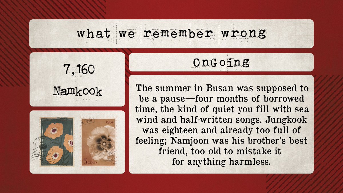 angstbtsfest's tweet photo. Some things never leave…

Introducing today's fic: what we remember wrong
📌 Status: Ongoing
💔 Ship: Namkook

The summer in Busan was supposed to be a pause. But some memories refuse to stay buried, and years later, the past still whispers.

Link: https://t.co/l3B46i8HPu https://t.co/oYZ9RReRf6