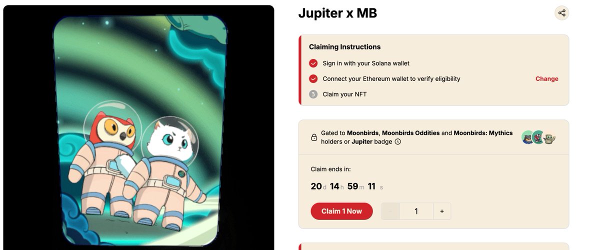 sam6170's tweet image. I just claimed the new @moonbirds sbt. 

This extra badge would definitely give us an extra exposure to the upcoming $BIRD token (slated for early Q1) 

The new moonbirds sbt involves a collaboration with @JupiterExchange.. 

If you are a consistent user of any of the Jupiter…