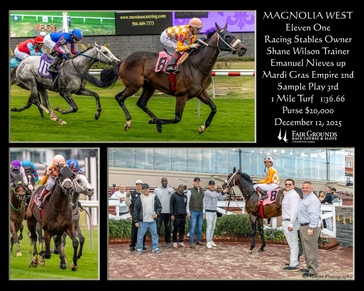 The team followed up Thursday’s hat trick with a double on Friday at <a href="/fairgroundsnola/">Fair Grounds Race Course & Slots</a>! Gypsan and Magnolia West were both owned by <a href="/ElevenOneStable/">Eleven One Stables</a>! Thank you to all of the connections!

<a href="/hodgesphoto/">Hodges Photography</a>
