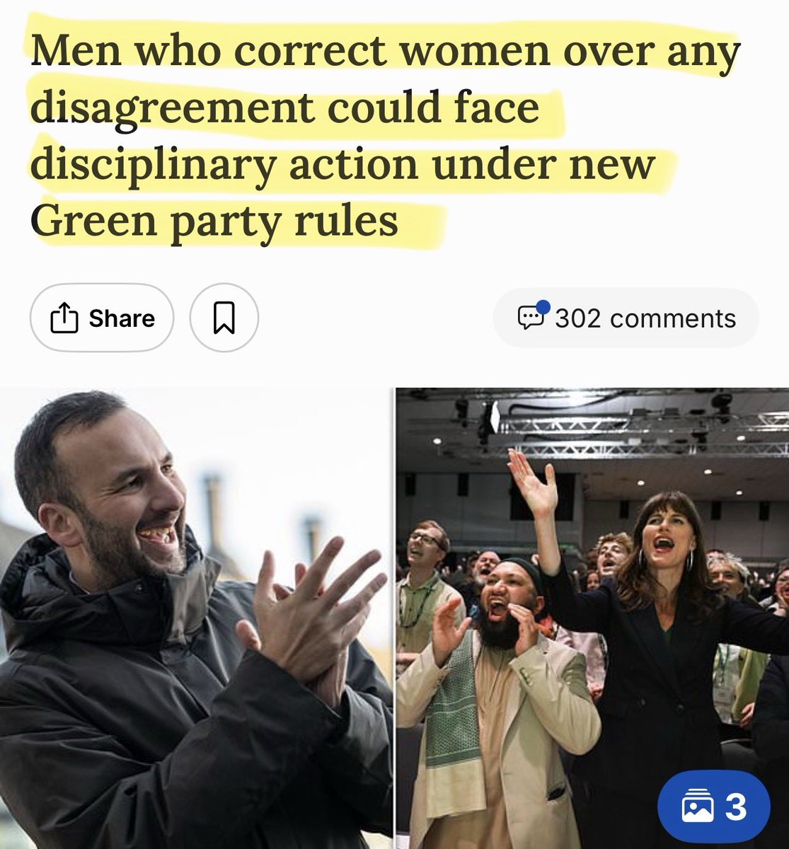 Green Party leaders are considering widening their definition of misogyny so that 'any disagreement' could lead to men facing sanction.

what about a trans woman and an actual woman having a disagreement? Who gets sanctioned?

It’s hilariously insane.
