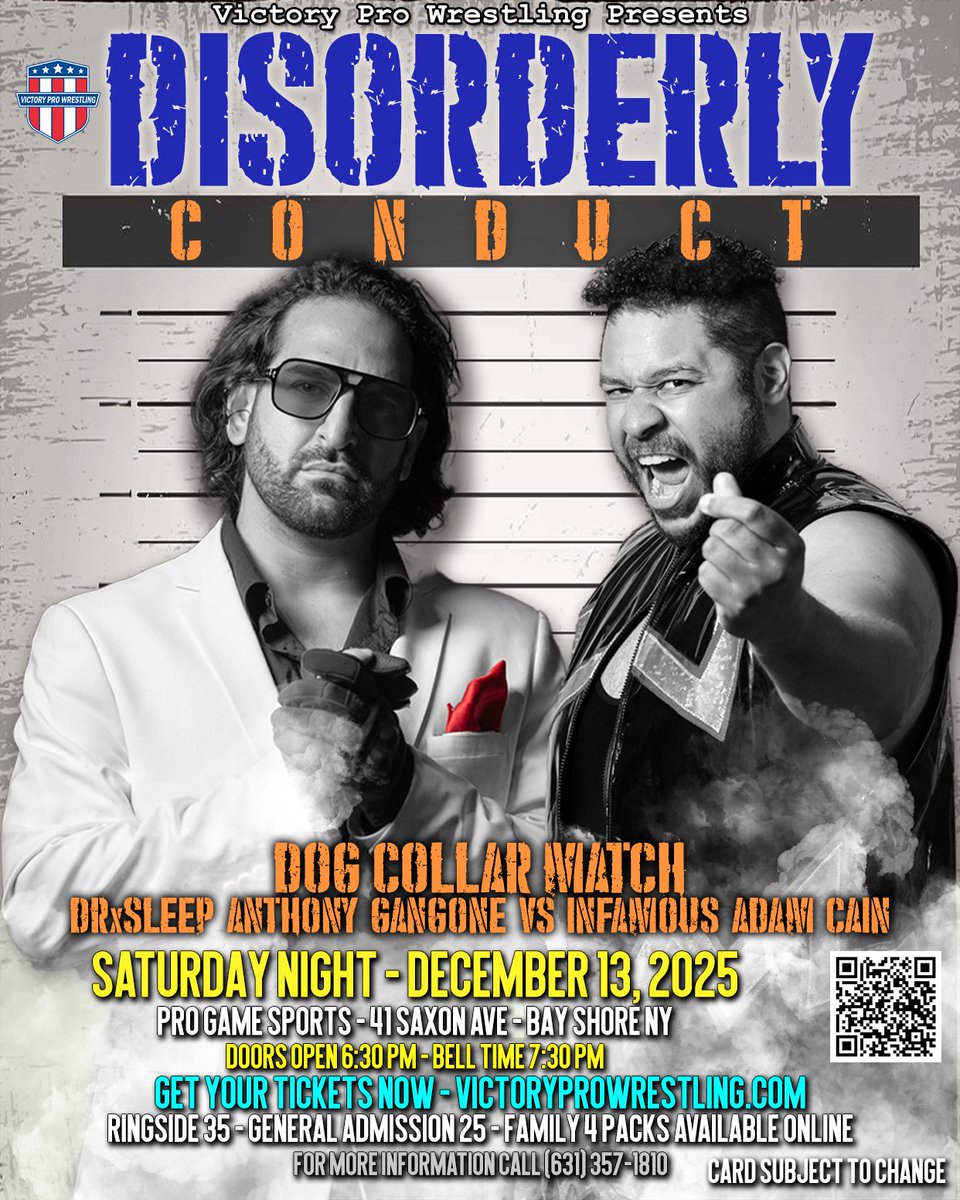 VPW_Wrestling's tweet photo. BAY SHORE - Steel Cages, Dog Collars, and Rivalries - Recap of upcoming Disorderly Conduct... tonight!
VPW presents Disorderly Conduct
Pro Game Sports
https://t.co/LB1mvUCrU6
#VPWSellsOut #Wrestling #DisorderlyConduct #SteelCage #BayShore #ThingsToDo #SNME #JohnCena https://t.co/h6aYej9ss0