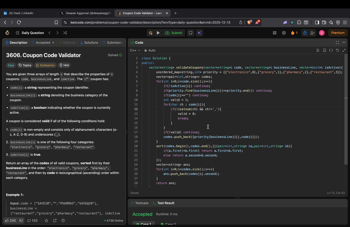 deepakagg2006's tweet image. Day 37/180
Leetcode POTD 3606
Assign priority to each category. Then iterate over all the codes and skip the ones which violate any of the valid conditions. Store the valid code along with its priority, then sort them and at end return only the codes
#LeetCode #leetcodedaily