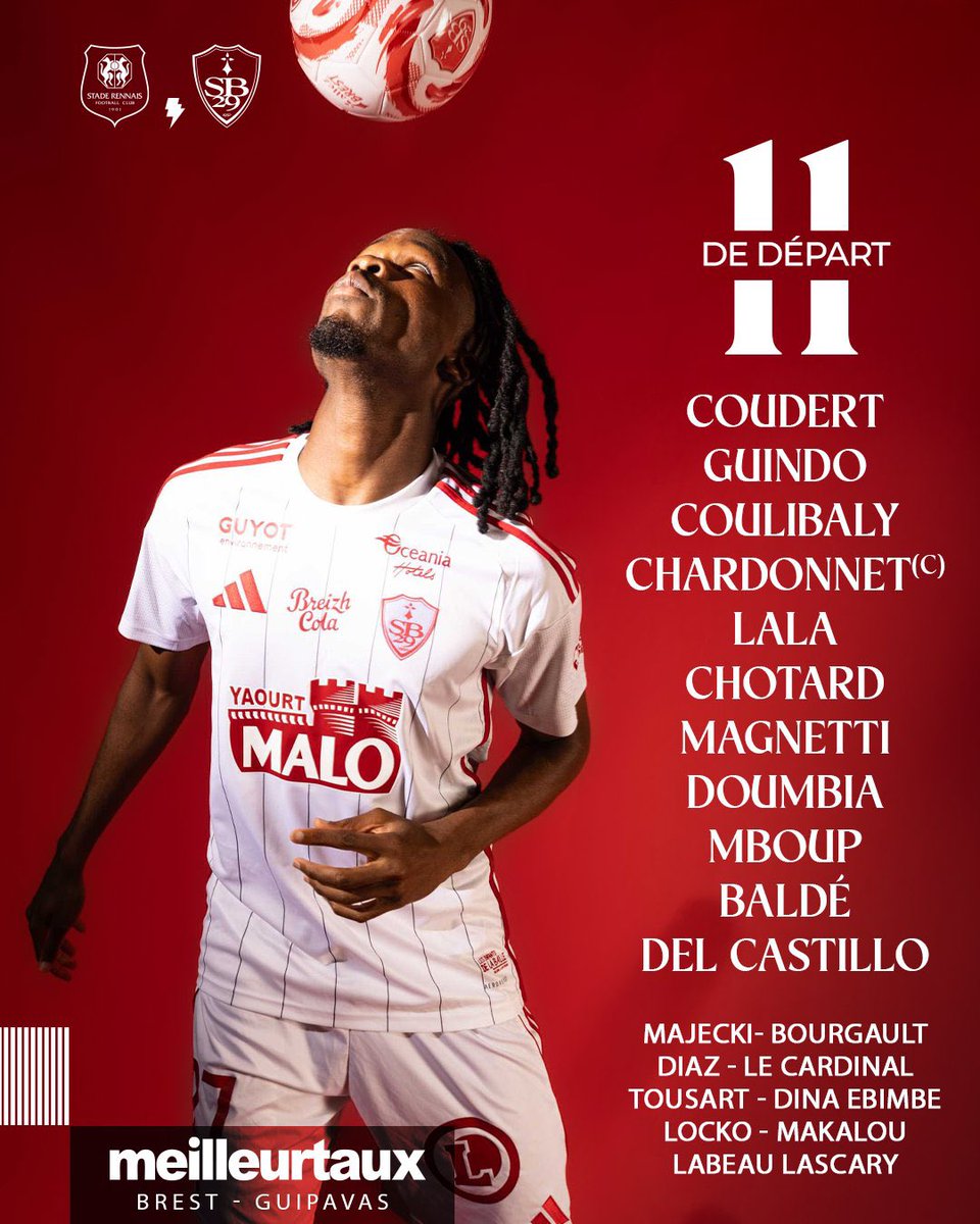 ⚔️ La composition du #SB29 pour affronter Rennes à 17h00 🔴⚪️

📸 <a href="/SB29/">Stade Brestois 29</a> | #SRFCSB29