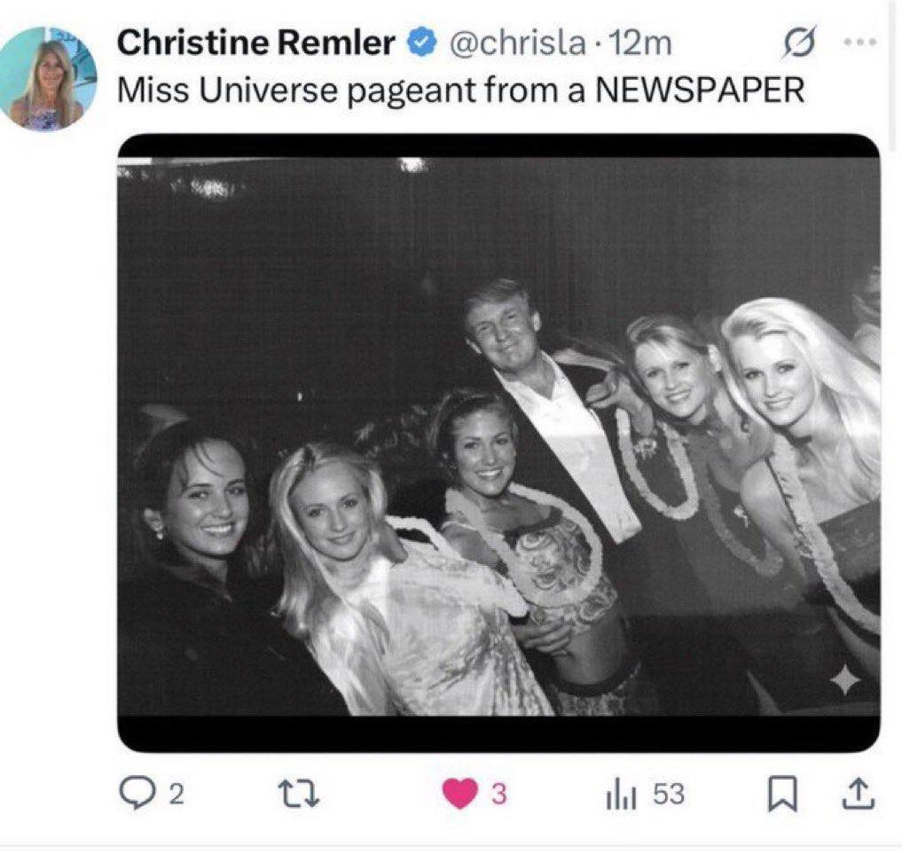 strategesis's tweet photo. Here's the original picture of Trump with those pretty, young girls that was falsely claimed to be Epstein-related. It's actually a picture of Trump at one of the Miss Universe pageants, originally published in a newspaper. 

The disinfo version of the pic blacked out the faces of the girls, in order to give the false impression that something nefarious was going on. That shows deliberate, knowing deception.