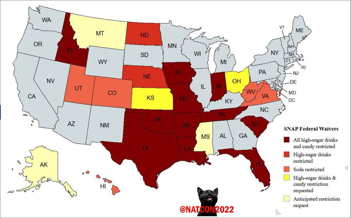 NatCon2022's tweet photo. The #MAHA SNAP restriction waivers are growing.

In January, FL, IA, NE, UT, and WV food stamp recipients will find that they can no longer buy soda, and in some cases candy and other high sugar drinks with their EBT cards. ID, LA, and OK will follow in February. https://t.co/2SUTkouDU7