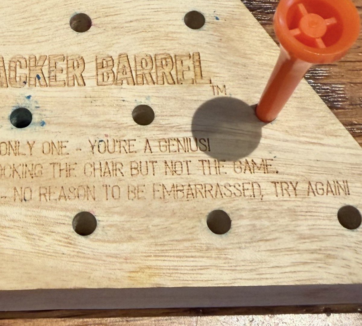 Another example of the wussification of American society. I remember when this game would call you a dumbass for leaving three or more pegs. ￼Not surprising given Cracker Barrel Old Country Store going woke. Lame. How about a participation trophy, y’all? 😂 <a href="/CrackerBarrel/">Cracker Barrel</a>