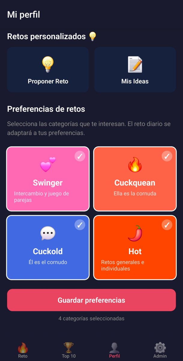 Los retos se sienten mejor cuando están bien elegidos.

Revisa tus preferencias en tu perfil antes de empezar 😉