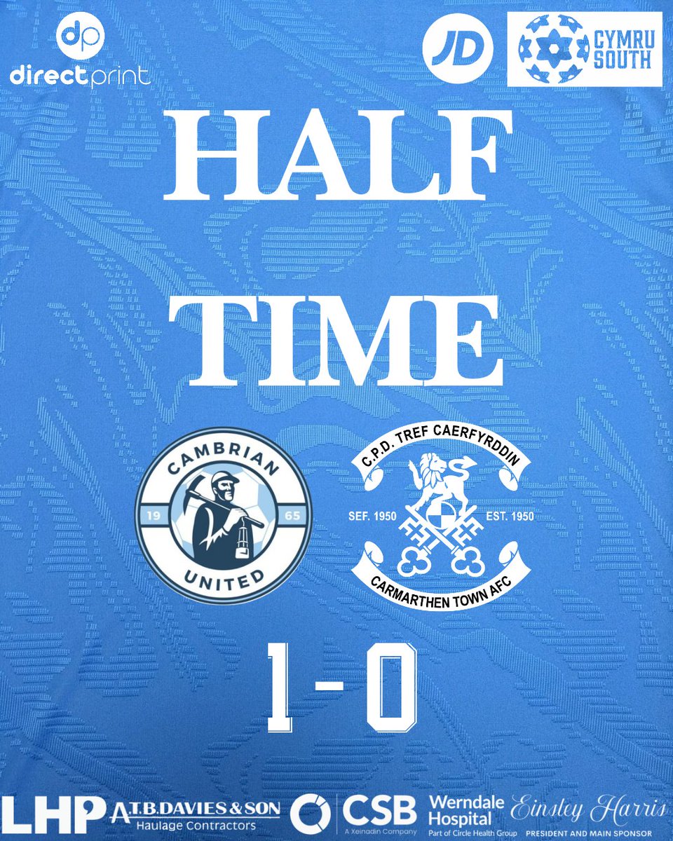CarmarthenAFC's tweet image. Half Time | Hanner Amser 

@CamUtdMen 1-0 Carmarthen Town AFC 

Down by 1 at the break.

Cambrian sy' ar y flaen ar yr egwyl. 

#UnHenAur #OneOldGold
