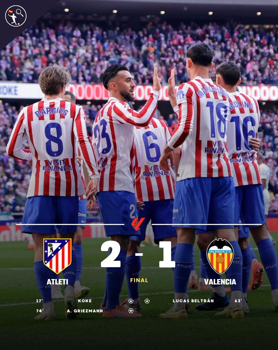 🇪🇺 <a href="/Atleti/">Atlético de Madrid</a> 2 - 1 <a href="/valenciacf/">Valencia CF</a>
 
🏆 La Liga EA Sports 

🔴
X1 Koke
X1 A. Griezmann 

⚪
X1 Lucas Beltrán 

ℹ️ El Atleti cierra con victoria en el Metropolitano en el 2025 ✅🏟️