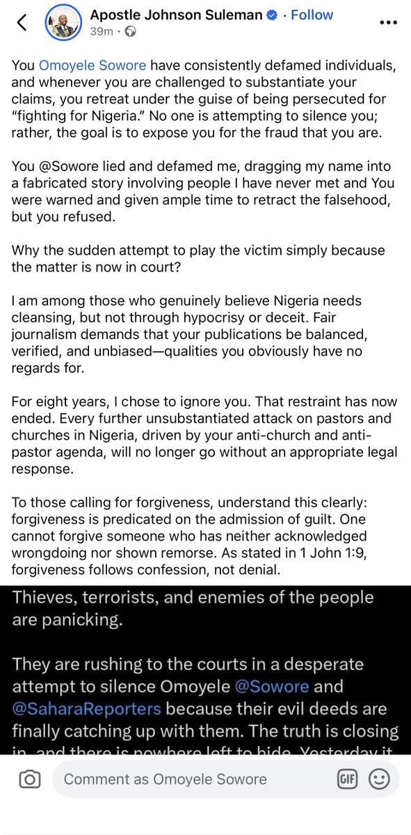 Apostle Johnson <a href="/APOSTLESULEMAN/">Apst Johnson Suleman</a> , this charlatanism. Who is asking you for forgiveness?

You sued me eight years ago over Stephanie Otobo exposes and later sought to end the lawsuit on the condition that I stop exposing you. I refused. You sent @PhrankShaibu to plead on your