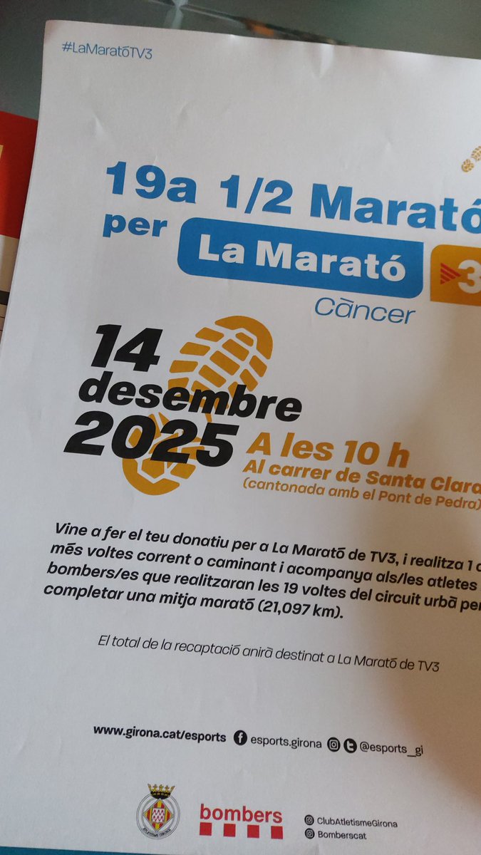 El @ClubAtletismeGirona + <a href="/bomberscat/">Bombers</a> + <a href="/esports_gi/">Servei Municipal d'Esports - Girona</a> organitzem un any més una cursa solidària per recaptar fons per <a href="/la_marato/">La Marató de 3Cat</a>
Podeu completar la 1/2 marató o fer tantes voltes com vulgueu! Farem 19 voltes al circuit
Us esperem #Girona
#maratóTV3 #LaMaratóTV3 #ClubAtletismeGirona