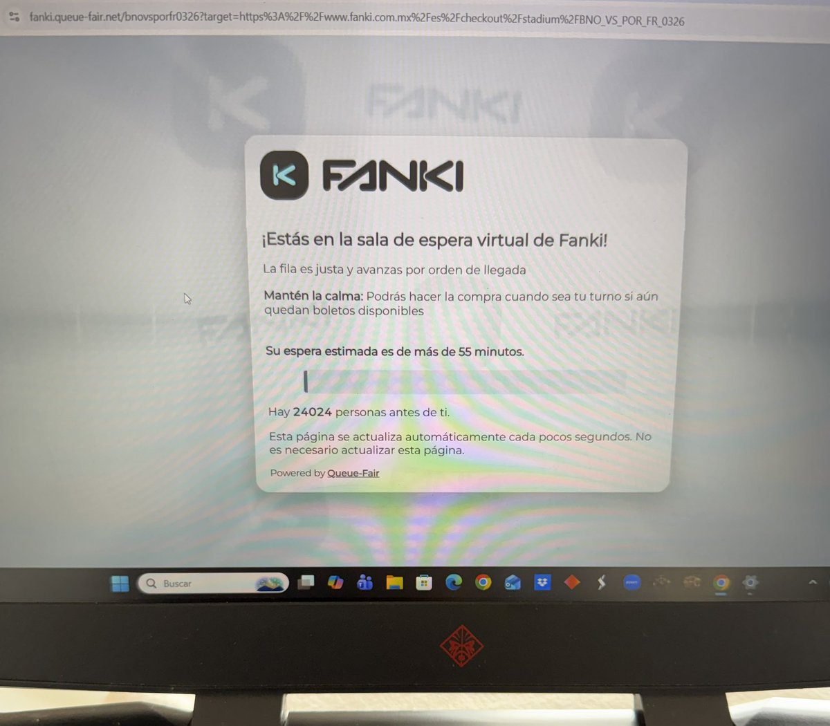 Lugar 24,185 de inicio (sabía que no alcanzaría nada). Pero tras 25 minutos, voy en el 24,024 🤣

O se me colaron en la fila virtual, o el sistema de Fanki es una basura.
Otra vez los intereses de unos cuantos han traicionado la confianza de sus “Incondicionales”.

🇲🇽MEX vs POR🇵🇹