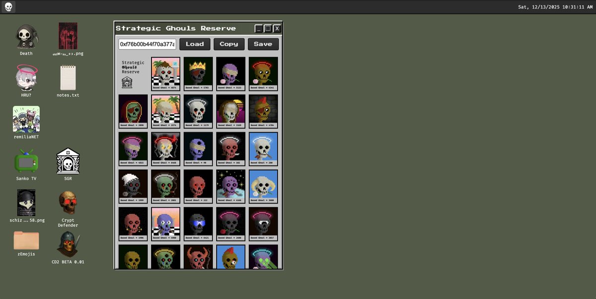 while stacking all these images into a photoshop file i asked myself "why isn't there a better way to look at my Strategic 𝕲𝖍𝖔𝖚𝖑𝖘 Reserve??"

so i added it to my website 
- input an Ethereum wallet address
- view <a href="/BasedGhouls/">𝕲𝖍𝖔𝖚𝖑𝖘 💀✨</a> on that wallet

there are probably bugs. it's
