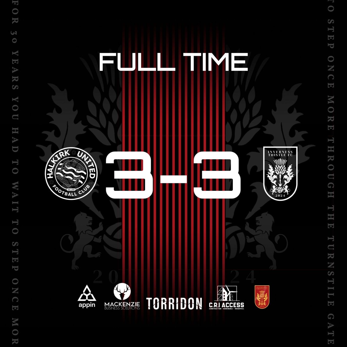 FT | HUFC 🔴⚪️ 3 - 3 🔴⚫️ ITFC

A share of the points in Halkirk after an entertaining game. Ross Peters nets twice for Thistle, with Brodie Watson also getting on the scoresheet.

Thanks to Halkirk for the hospitality today, and all the best to them for the rest of the season.