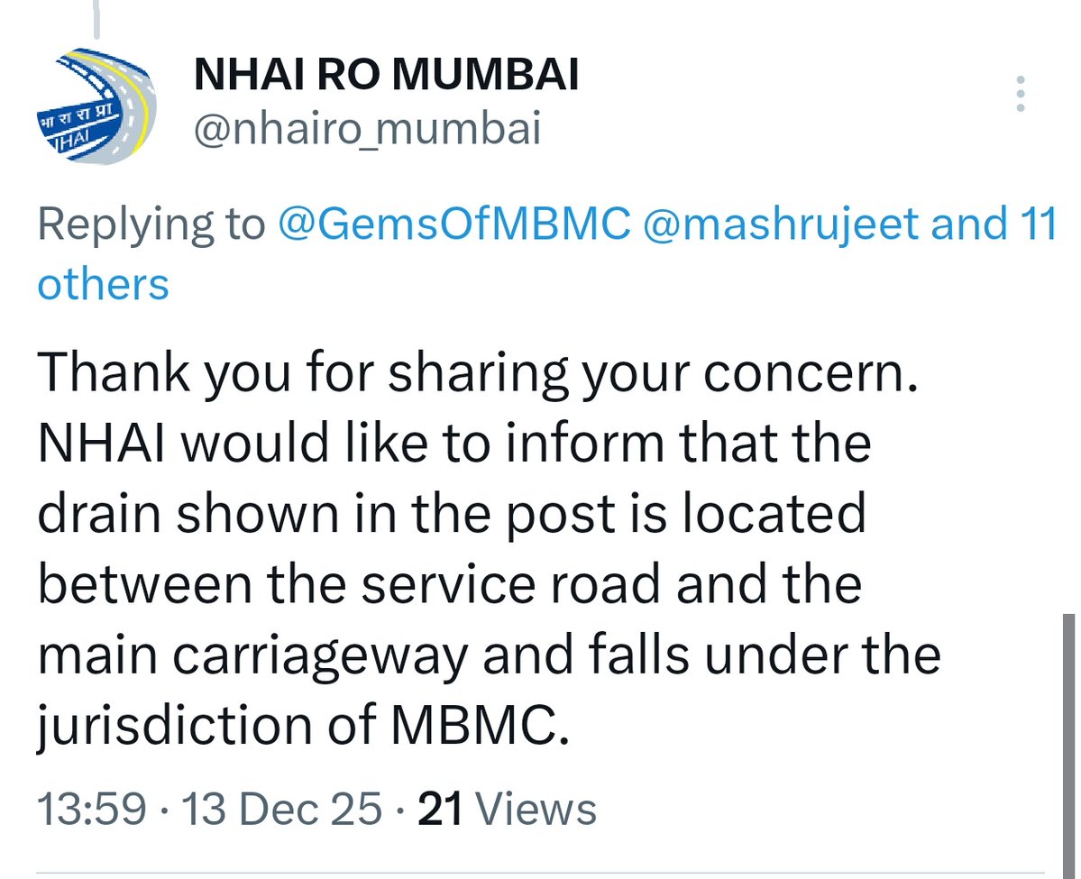 Vehicles on NH48 are meeting with accidents due to an open drain.

Response from NHAI : 
Main road and service road of NH 48 is UNDER NHAI but the drain between the two roads belong to a different governing body (<a href="/My_MBMC/">My_MBMC</a>) 
What mad bureaucracy.

Just call and inform the