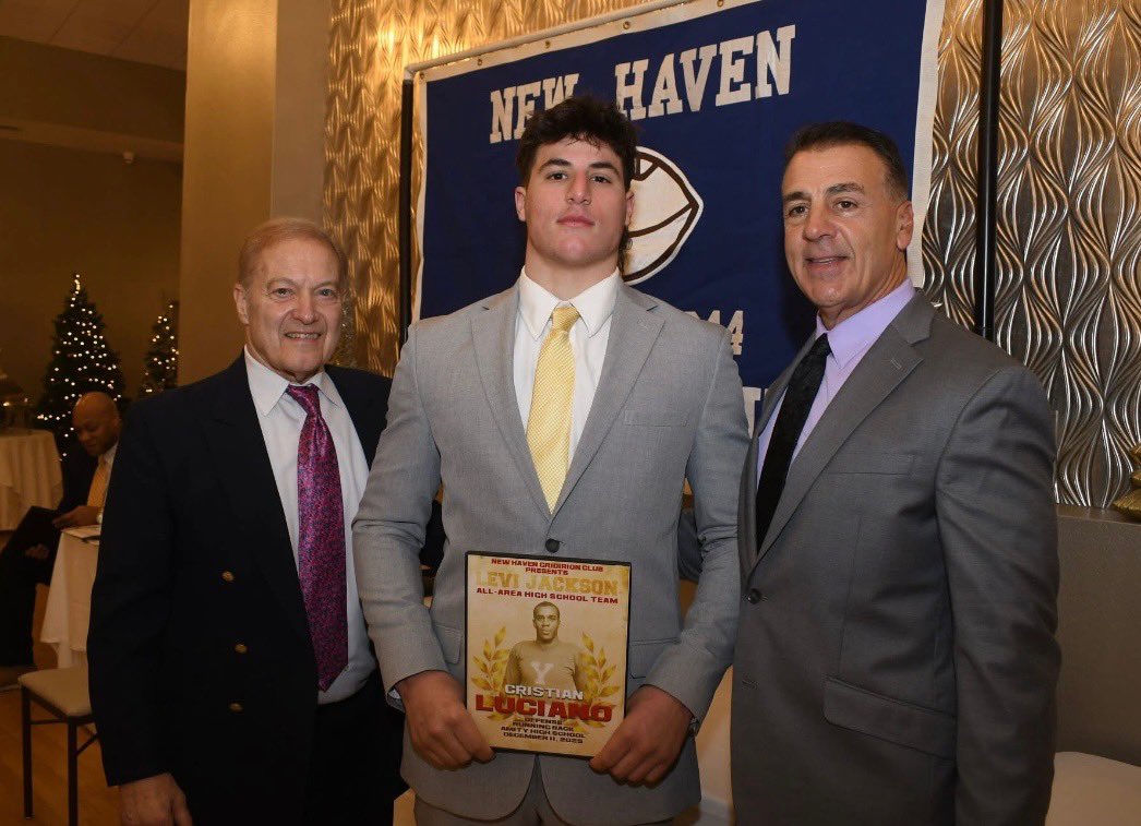CMLuciano08's tweet photo. Honored to be named to the Levi Jackson All Area Team for the third year in a row. Huge thanks to the New Haven Grid Iron Club, Mr Santillo and Coach DeVito for a great night!
@coachgfrench @CoachKearns12 https://t.co/kKlNGtc8jK