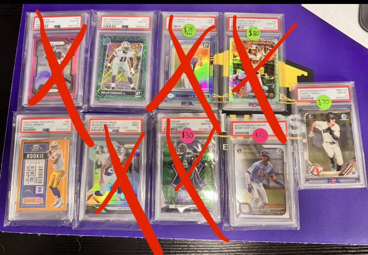 CWSportsCards's tweet photo. Still available! 

Parsons Rated Rookie Green Velo PSA 10
Herbert RC /50 PSA 9
Witt Jr Rookie PSA 9
Corbin Carroll 1st Bowman Chrome PSA 10

#sportscardsforsale https://t.co/flgPaey5Wr