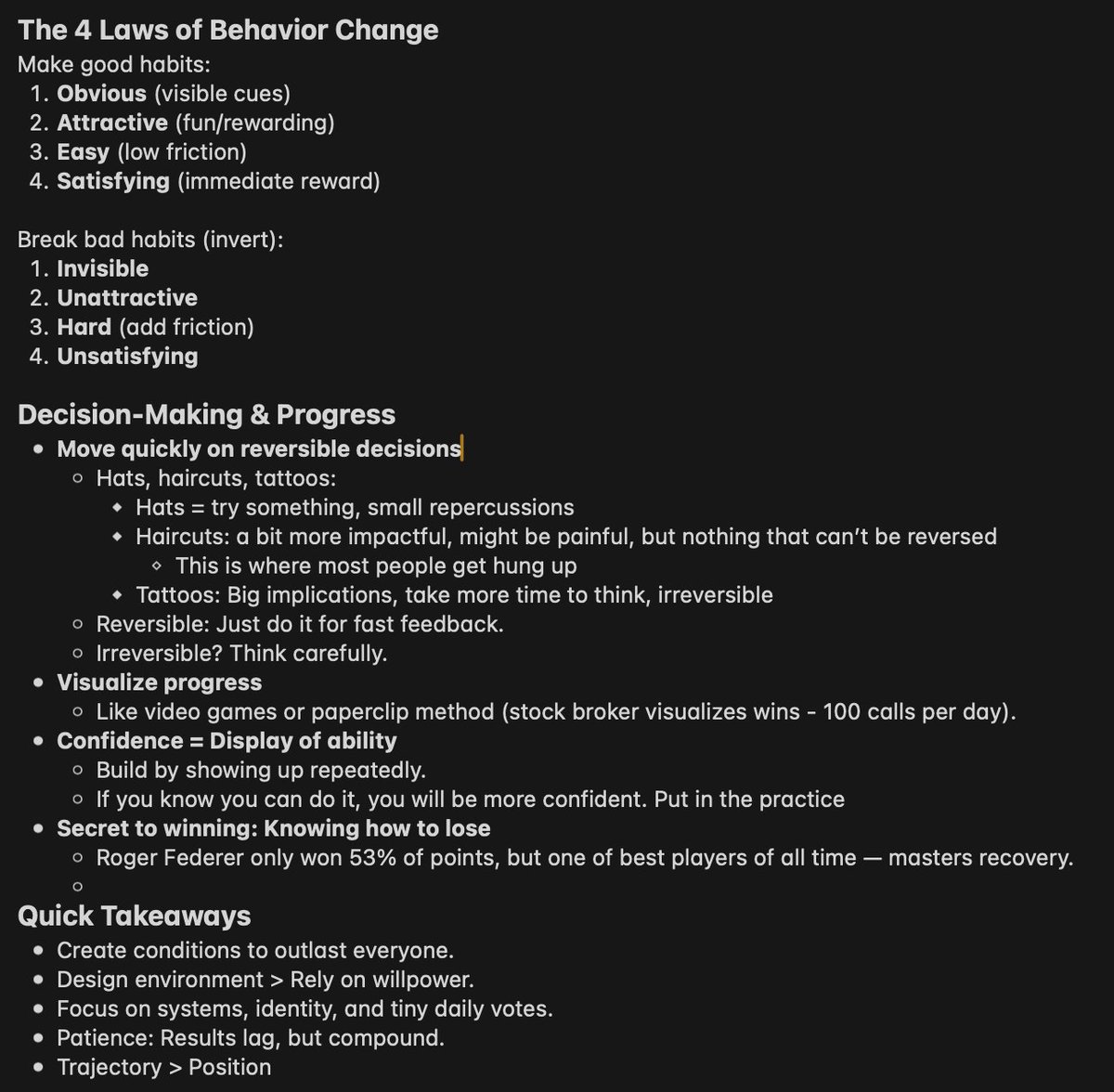 I'm inconsistent: sprint hard, burn out, repeat.

Fixing that with better habits &amp; systems.

Just listened to a James Clear podcast (Atomic Habits) and screenshotted below.

Twitter = my public notepad. Helps me think critically.

Selfish post, but maybe these notes help someone.