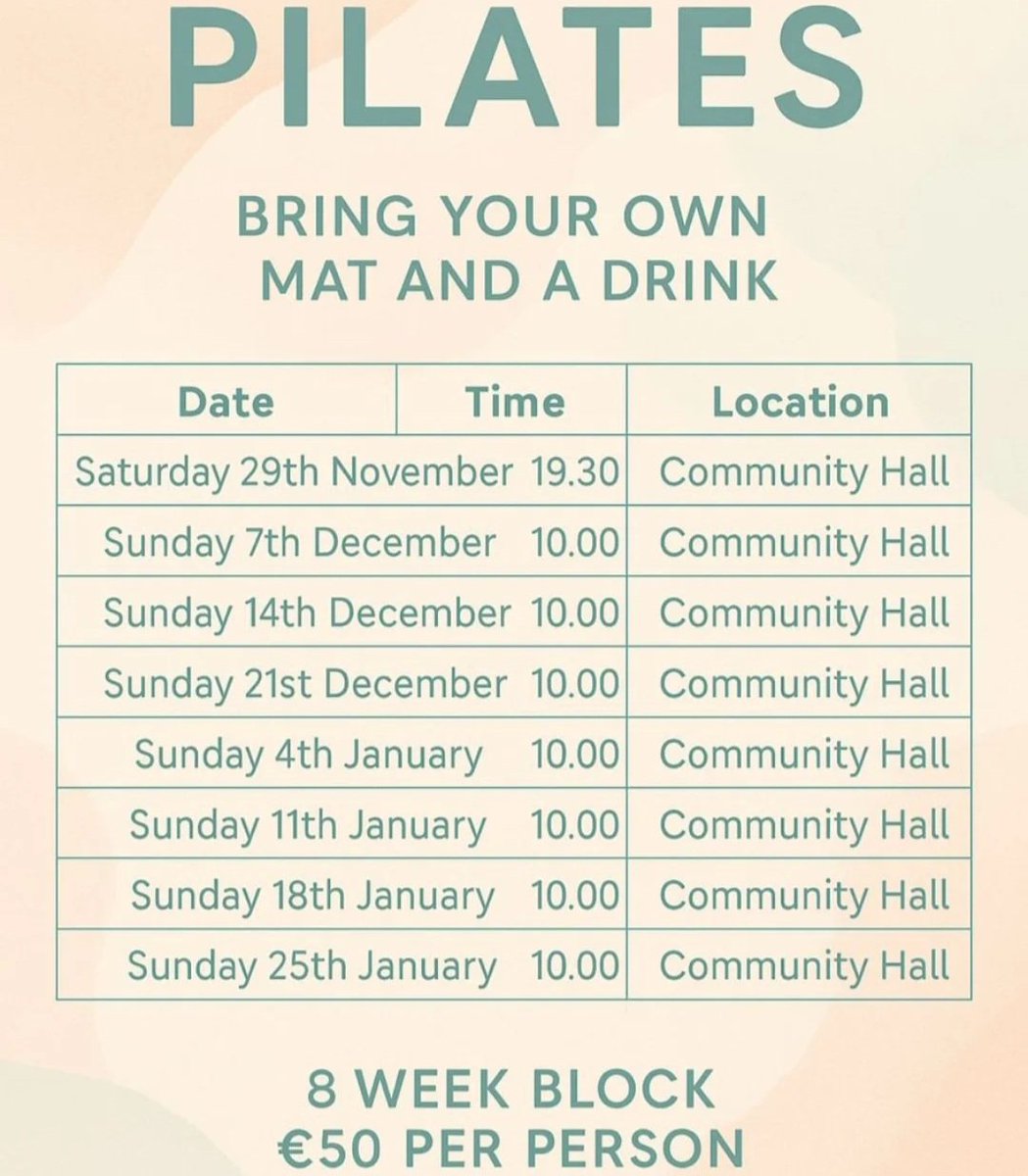REMINDER: PILATES - €10 for a class or €50 for the next 6 weeks. All abilities, ages, genders welcome. Takes place in the hall from 10am for remaining dates.