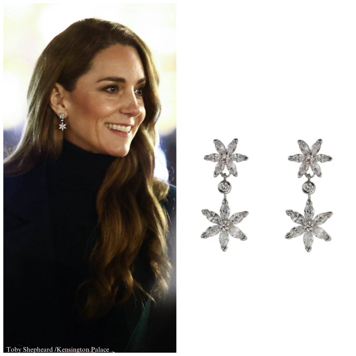 A new jewelry debut for the Princess of Wales ✨Butler &amp; Wilson’s Double Daisy Drop earrings, paired with a meaningful throwback — she wore the matching silver daisy bracelet in 2009 at the Art for Starlight party.
Earrings:go.shopmy.us/p-35442730
Thx Lauren &amp; katemiddletonstyled