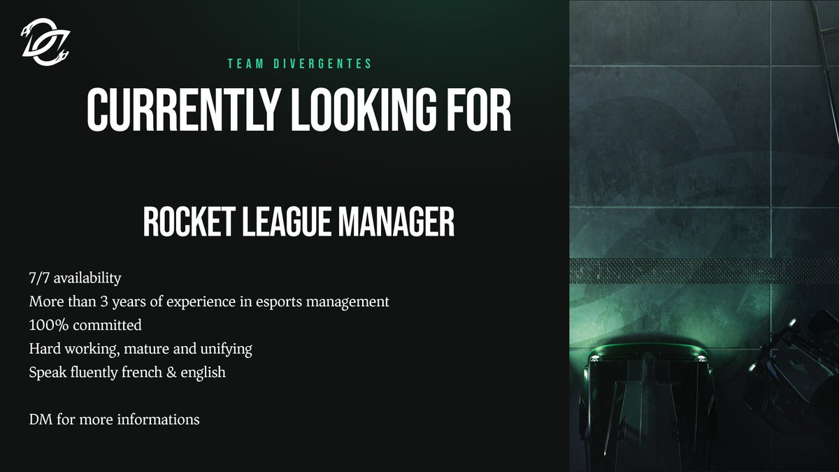 TeamDiverGentes's tweet image. 📁CURRENTLY RECRUITING 📁

We are currently looking for a Rocket League Manager to join our structure.

Requirements:

- 7/7d availability
- More than 3 years of experience in esports management
- 100% committed
- Hard working, mature and unifying
- Speak fluently French &amp;amp;…