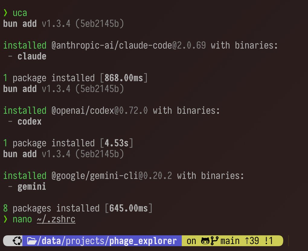OpenAI、Anthropic 和 Google 对这些编码代理的更新非常频繁,所以我在 ~/.zshrc 文件中创建了一个别名,这样我只需输入 uca(当然是“更新编码代理”的意思)就可以立即一次性更新所有这些代理:
alias u