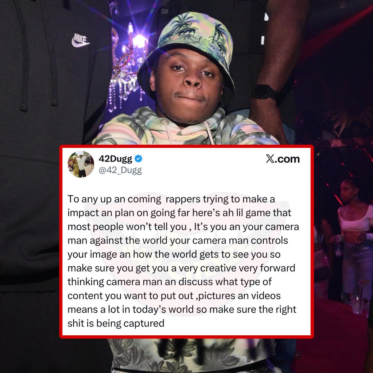 SaycheeseDGTL's tweet image. 42Dugg gives advice to artists trying to make it.

“It’s you &amp;amp; your camera man against the world, your camera man controls your image &amp;amp; how the world sees u”