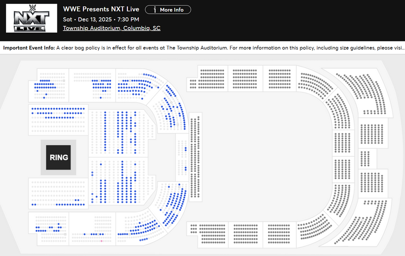 WrestleTix's tweet photo. WWE Presents NXT Live
Sat • Dec 13, 2025 • 7:30 PM
Township Auditorium, Columbia, SC

Available Tickets: 494
Current Setup: 1,416
Tickets Distributed: 922

📈 +181 since the last update (3 days ago)
🏠 Today's house show
📊 YTD Show Avg: 1,590
🔢 Total # of seats on map: 2,861
💵 Cheapest Ticket Available (Standard Admission): $36.30