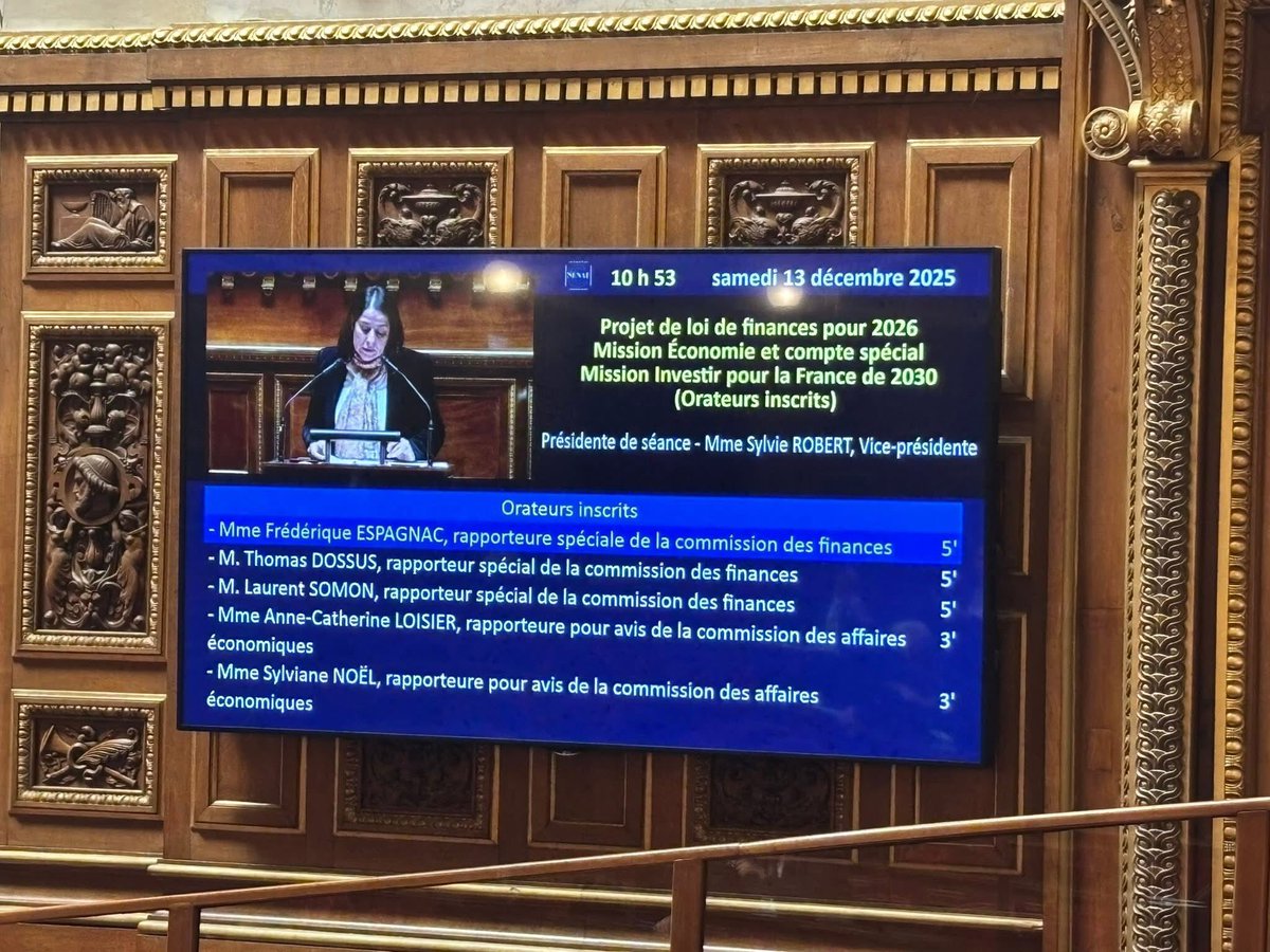 Au <a href="/Senat/">Sénat</a> ce samedi jusqu'à cette nuit pour l'examen des crédits de la mission économie dont je suis rapporteure pour avis. Après 3 semaines d'examen 7 jours/7 nous terminerons l'examen du #PLF 2026 avec la fin de l'examen des missions sport et l'examen des articles non rattachés