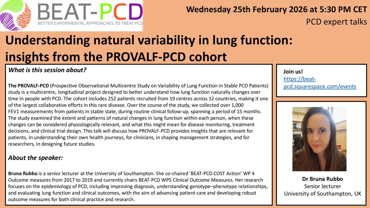 🫁 BEAT-PCD Expert Talk <a href="/beatpcd/">BEAT-PCD (ERS CRC)</a> 

Understanding natural variability in lung function: insights from the PROVALF-PCD cohort

🗓️ 25 Feb 2026 | ⏰ 5:30 PM CET
🎙️ Dr Bruna Rubbo (University of Southampton) <a href="/bruna_rubbo/">Bruna Rubbo</a> 

🔗 Register: beat-pcd.squarespace.com/events

#BEATPCD #PCD