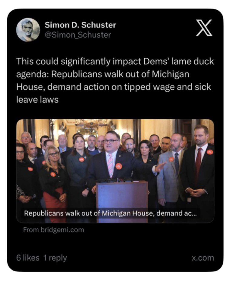 MI_Republicans's tweet photo. One year ago today, we STOOD OUR GROUND against the Democrat trifecta, fighting to #SaveMITips and help workers across Michigan keep their livelihoods.
And we won.
A year later, the Michigan House Republican majority hasn’t let up. We will NEVER stop working to help workers & families, give taxpayers better value, and improve the lives of Michiganders.