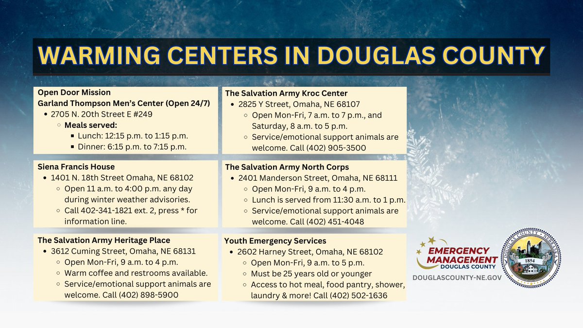 With dangerously cold weather approaching, warming centers are open across Douglas County to provide safe, warm indoor spaces for individuals experiencing unsheltered homelessness. View the graphic below for warming center locations, operation hours, and services. #WarmingCenters