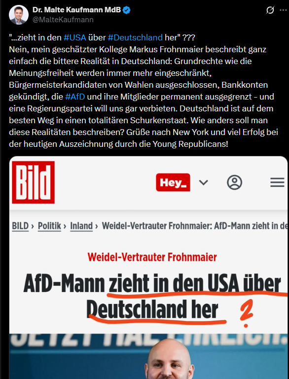 Ah ja.
Keine Meinungsfreiheit mehr in Deutschland.
Sagt <a href="/MalteKaufmann/">Dr. Malte Kaufmann MdB</a> öffentlich auf X.
Mit Screenshot. Mit BILD-Zitat. Mit Reichweite, Retweets und Applaus aus der eigenen Bubble.

Wenn das schon Diktatur ist, dann ist Nordkorea ein Co-Working-Space mit Latte Macchiato.