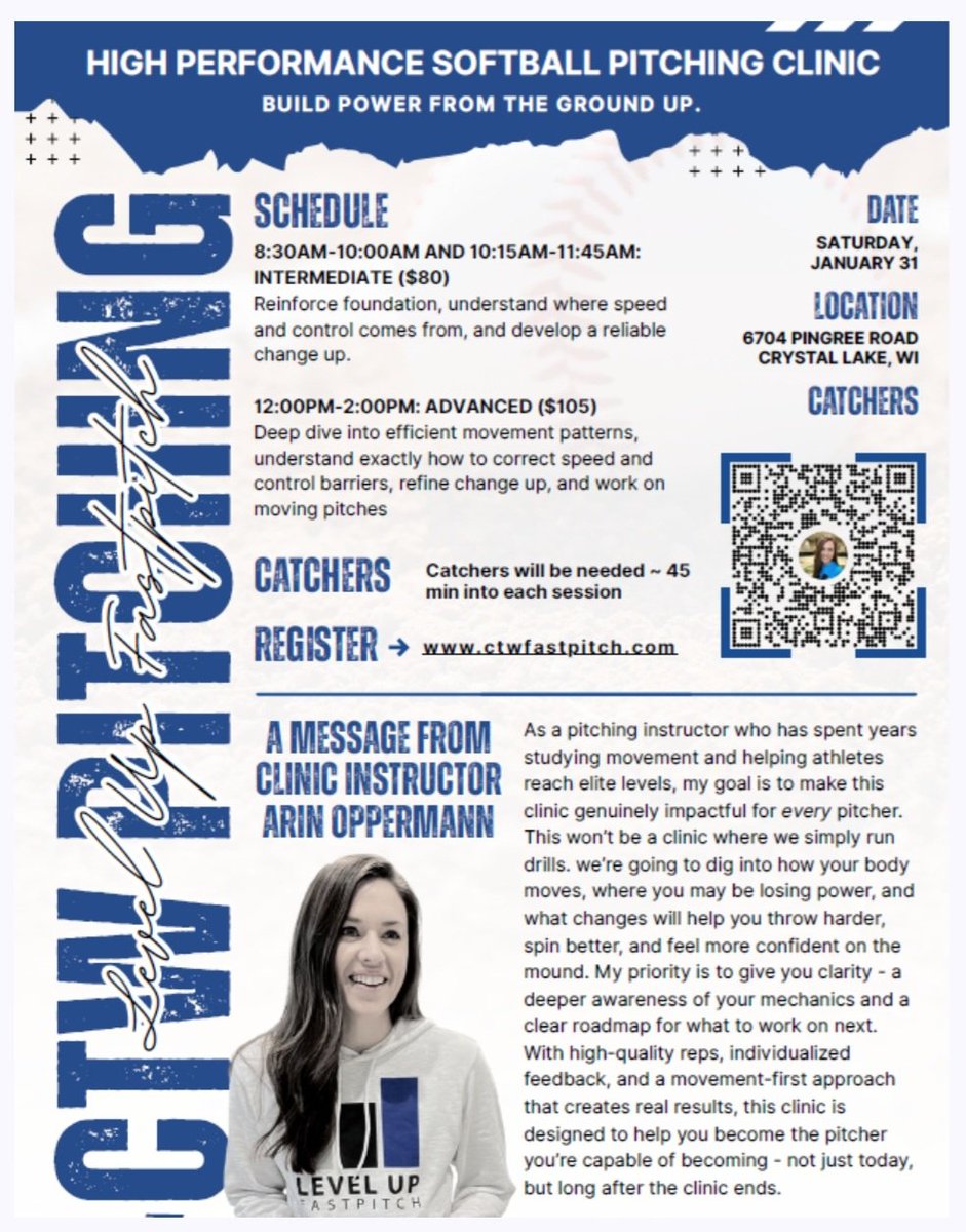🥎 Pitchers: Elevate Your Game! CTW Fastpitch and Level Up Fastpitch is hosting a Pitching Clinic. See flyer below for more info.