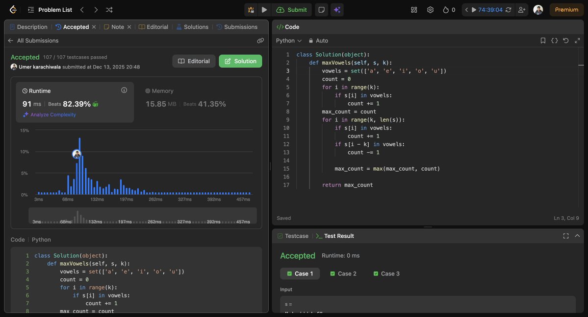 UmerKarachiwala's tweet image. Day 3 / 100 ✅
Solved Maximum Number of Vowels in a Substring of Given Length Using Sliding Window.

Counted vowels in the first window, then slide by adding right &amp;amp; removing left in O(n).
Patterns &amp;gt; problems 🚀
#100DaysOfCode #LeetCode #DSA