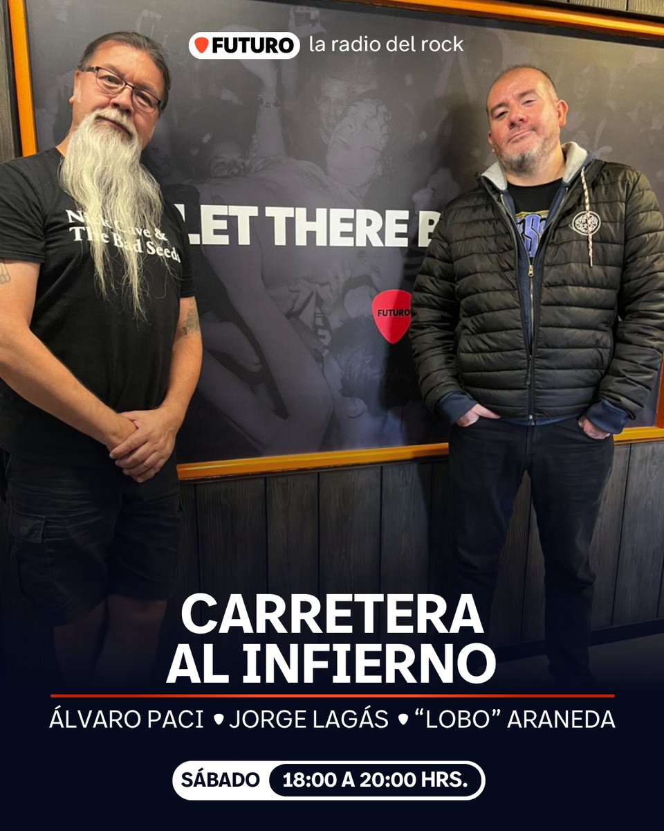 Comienza un nuevo episodio de #CarreteraAlInfierno, con la compañía de <a href="/cerebroatomico/">jorge ignacio</a> y <a href="/loboaraneda/">Lobo</a> en esta tarde sabatina.

Escúchalos por la 88.9 y la señal online de #LaRadioDelRock a lo largo y ancho de todo Chile. 🤘
