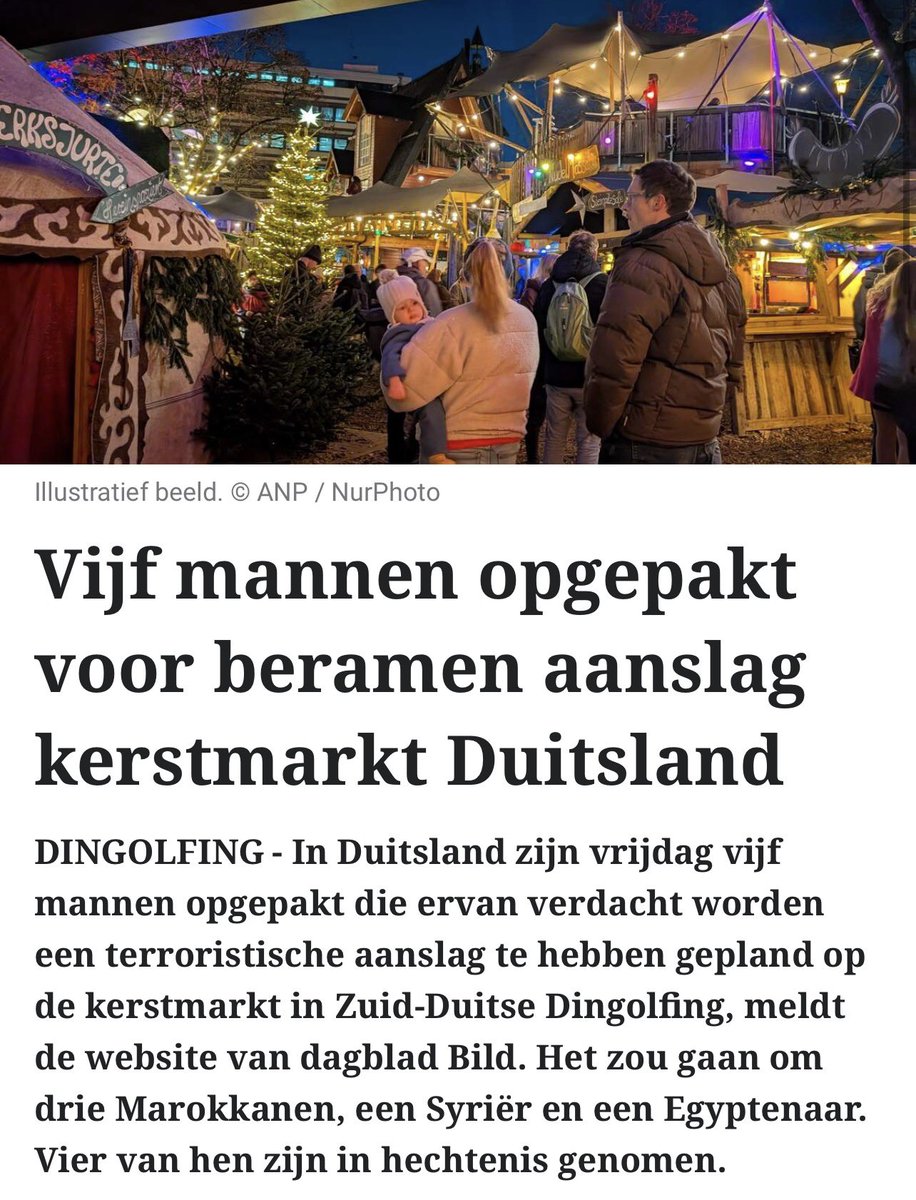 Vijf moslims wilden een aanslag in naam van de islam plegen; dat had de kop van het artikel moeten zijn.

Van de vijf moslims hebben er drie de Marokkaanse nationaliteit, één de Syrische en één de Egyptische, wat weer eens duidelijk maakt dat het meeste gevaar voor onze vrijheid,