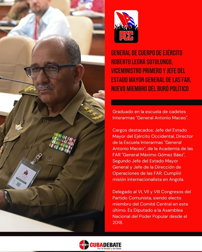 🇨🇺General de Cuerpo de Ejército Roberto Legrá Sotolongo, viceministro primero y jefe del Estado Mayor General de las FAR, nuevo miembro del Buró Político.
Fue delegado al VI, VIl y VIII Congresos del Partido, miembro del Comité Central, diputado a la Asamblea Nacional desde 2018.